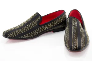 Black with Gold Meander Rhinestone Striping Dress Loafers