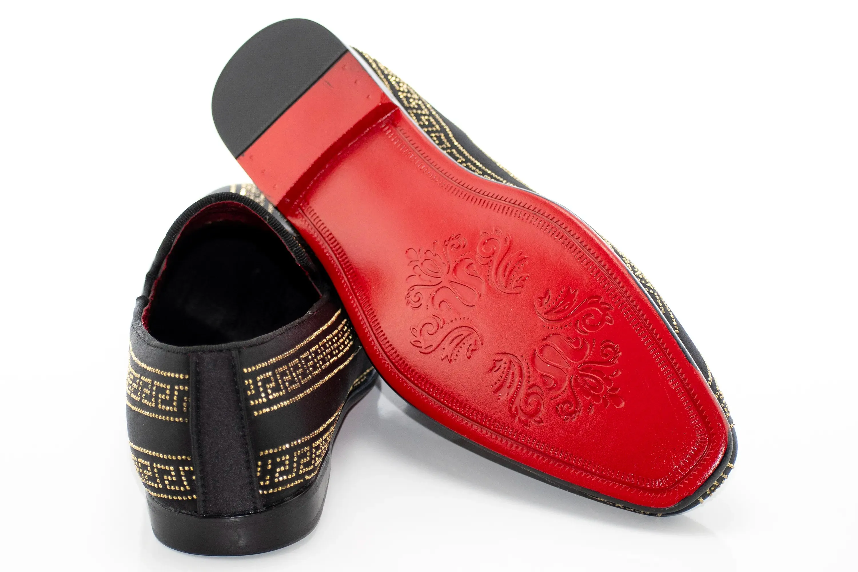 Black with Gold Meander Rhinestone Striping Dress Loafers