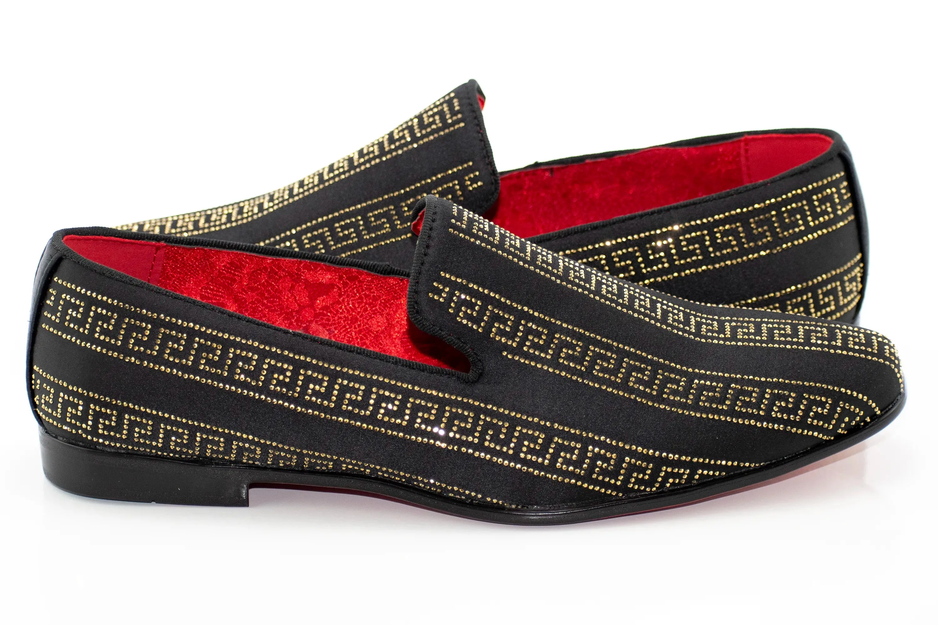 Black with Gold Meander Rhinestone Striping Dress Loafers