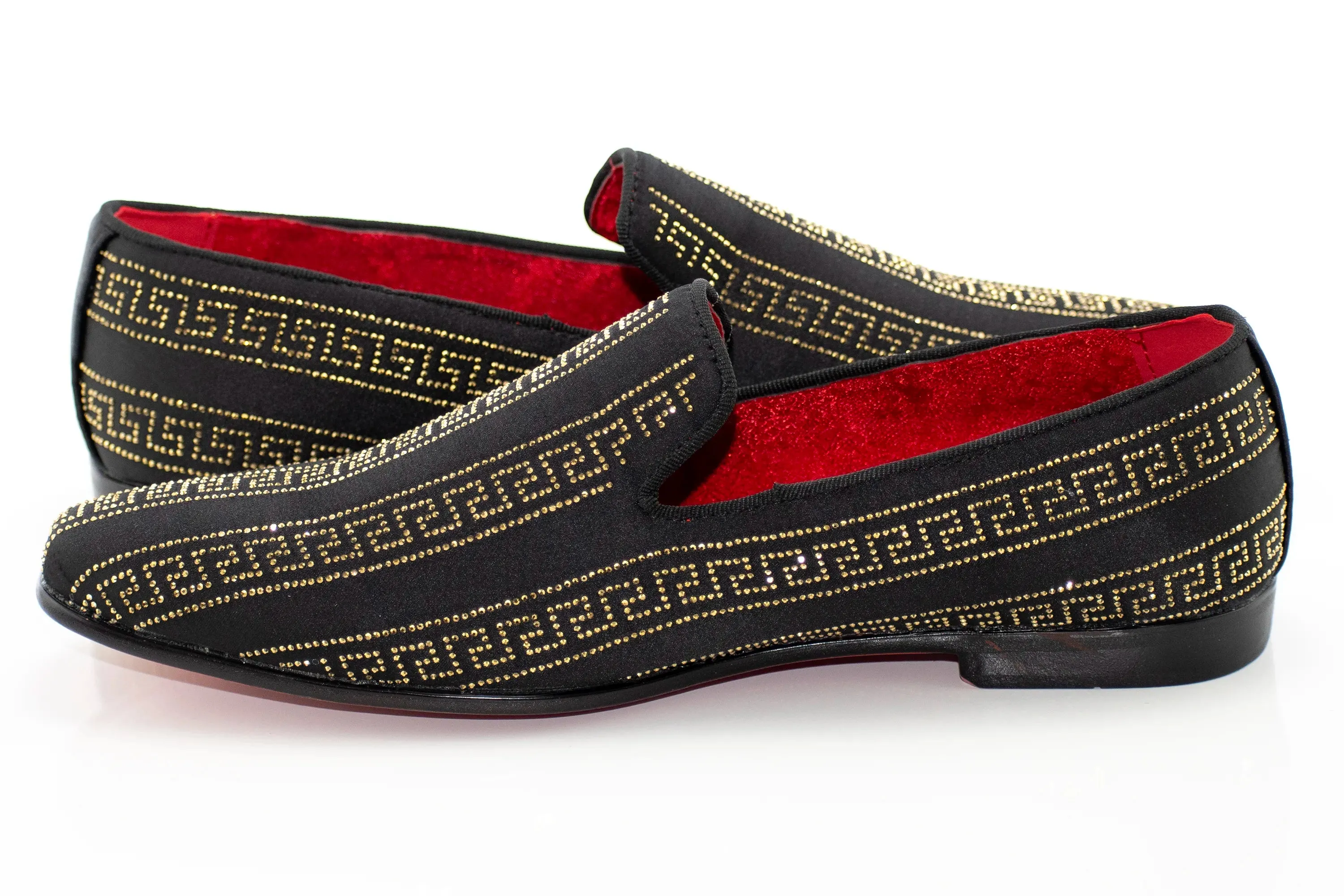 Black with Gold Meander Rhinestone Striping Dress Loafers