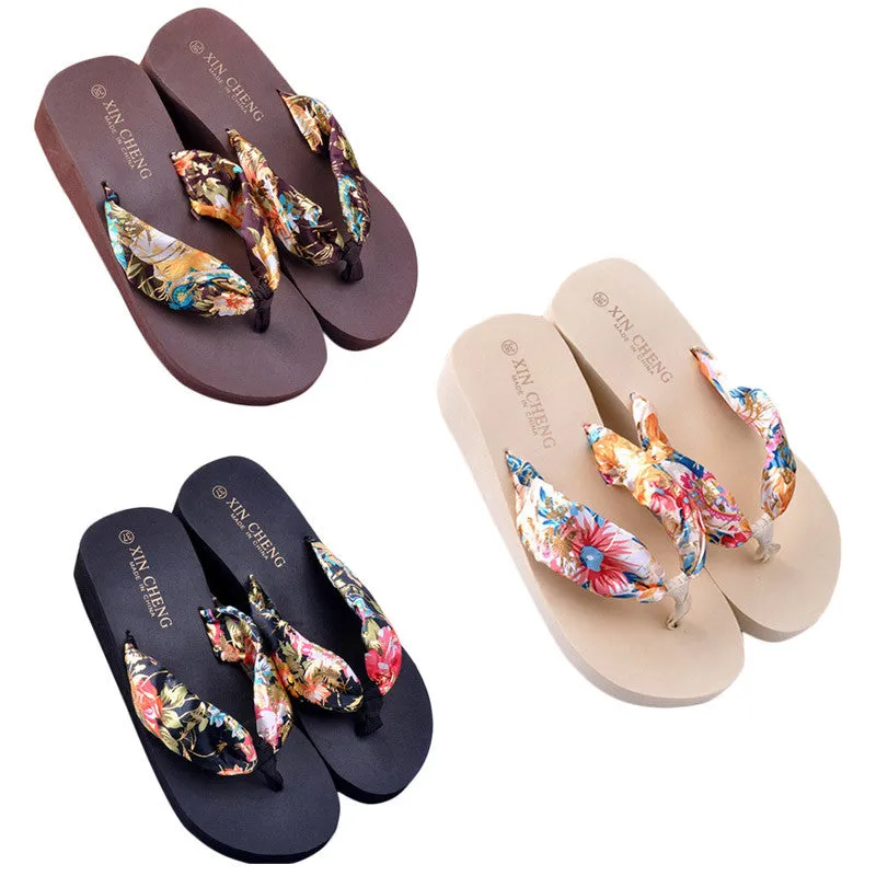 Bohemia Floral Beach Sandals Wedge Platform Thongs Slippers