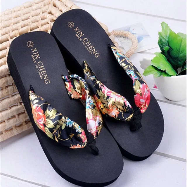 Bohemia Floral Beach Sandals Wedge Platform Thongs Slippers