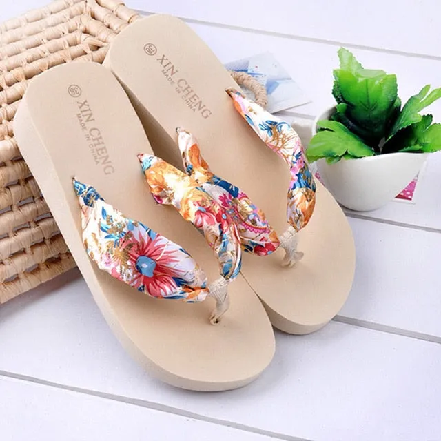 Bohemia Floral Beach Sandals Wedge Platform Thongs Slippers