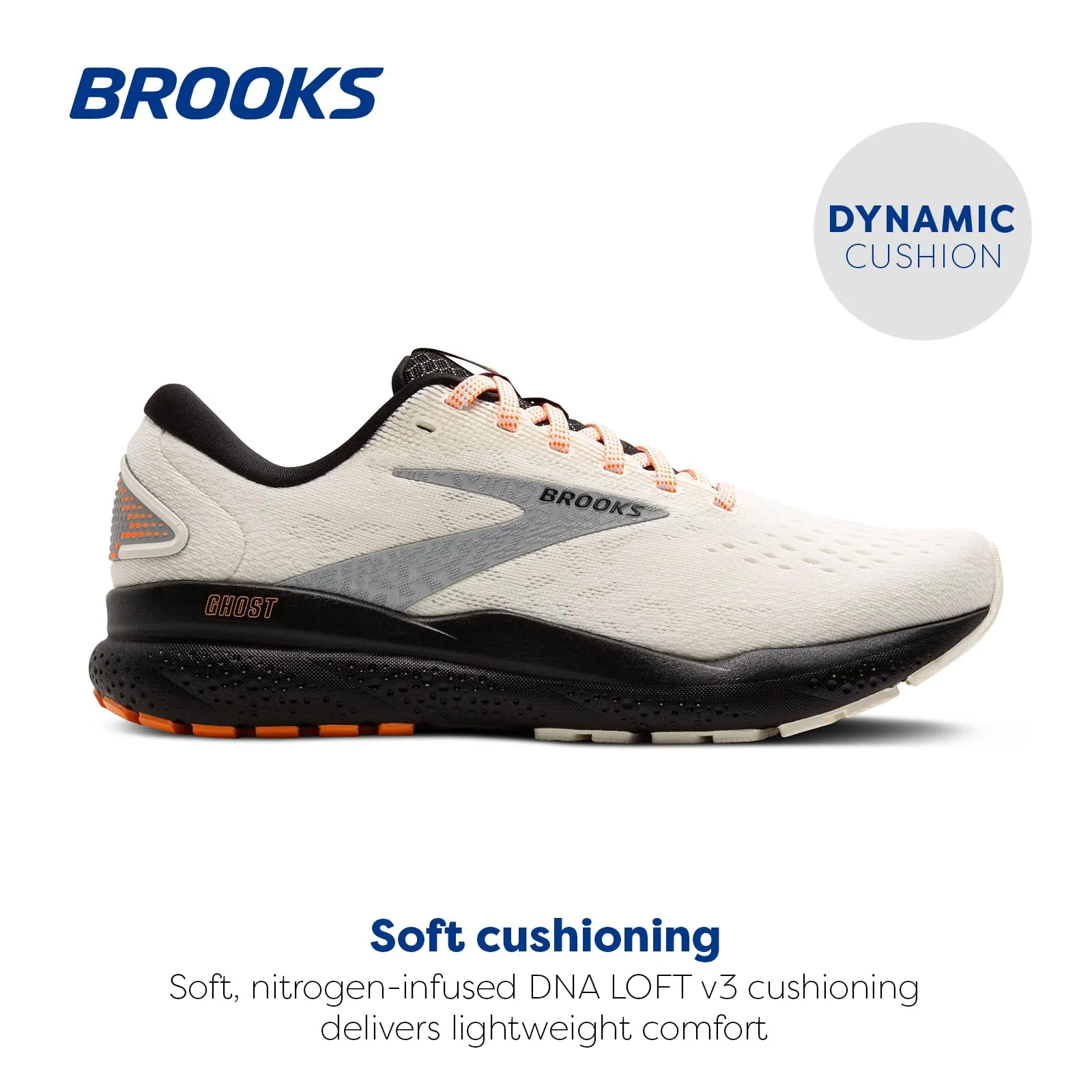 Brooks Women’s Ghost 16 Neutral Running Shoe - Ecru/Orange/Black - 8 Medium