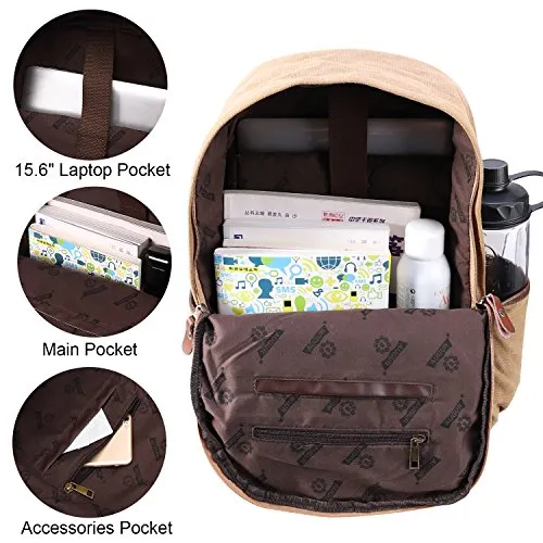 Canvas Backpack,AUGUR Casual Vintage Laptop Backpack, Lightweight School Daypack (Khaki)