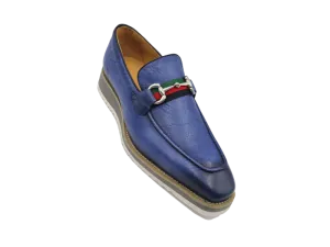 Carrucci blue men's casual shoes genuine leather loafer red and green trim