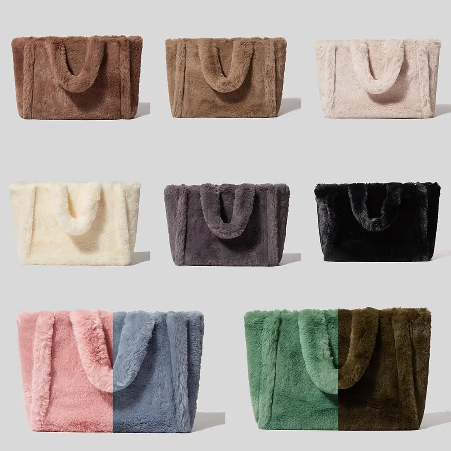 Christmas Gift Fashion Overlarge Tote Bag Luxury Faux Fur Women Handbags Designer Lady Hand Bags Fluffy Soft Plush Shopper Bag Warm Winter 2021
