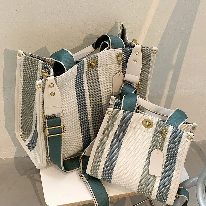 Christmas Gift Fashion Striped Canvas Women Shoulder Bag Big Capacity Shopper Bags For Women Casual Wide Strap Handbag Women's Bag Commute Tote