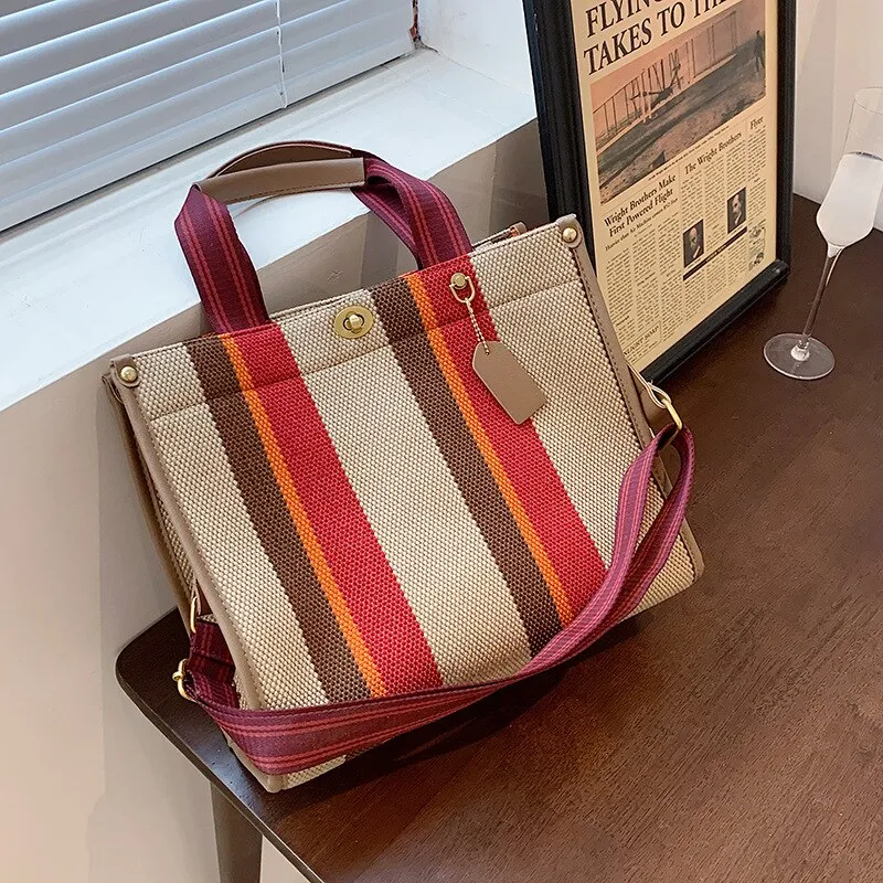 Christmas Gift Fashion Striped Canvas Women Shoulder Bag Big Capacity Shopper Bags For Women Casual Wide Strap Handbag Women's Bag Commute Tote