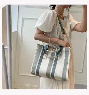 Christmas Gift Fashion Striped Canvas Women Shoulder Bag Big Capacity Shopper Bags For Women Casual Wide Strap Handbag Women's Bag Commute Tote
