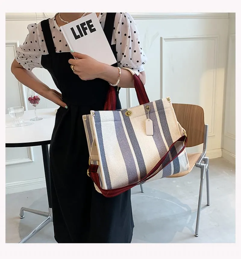 Christmas Gift Fashion Striped Canvas Women Shoulder Bag Big Capacity Shopper Bags For Women Casual Wide Strap Handbag Women's Bag Commute Tote