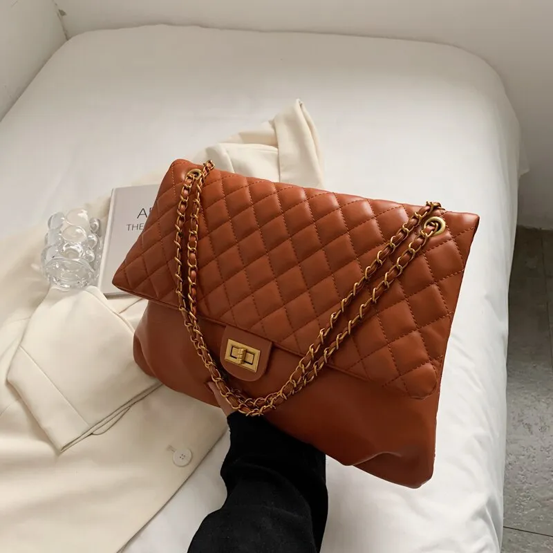 Christmas Gift Niche Design Rhombus Large-capacity Bag New Bag Female Autumn Chain Messenger Bag Fashion Shoulder Bag Underarm Bag Width: 37cm