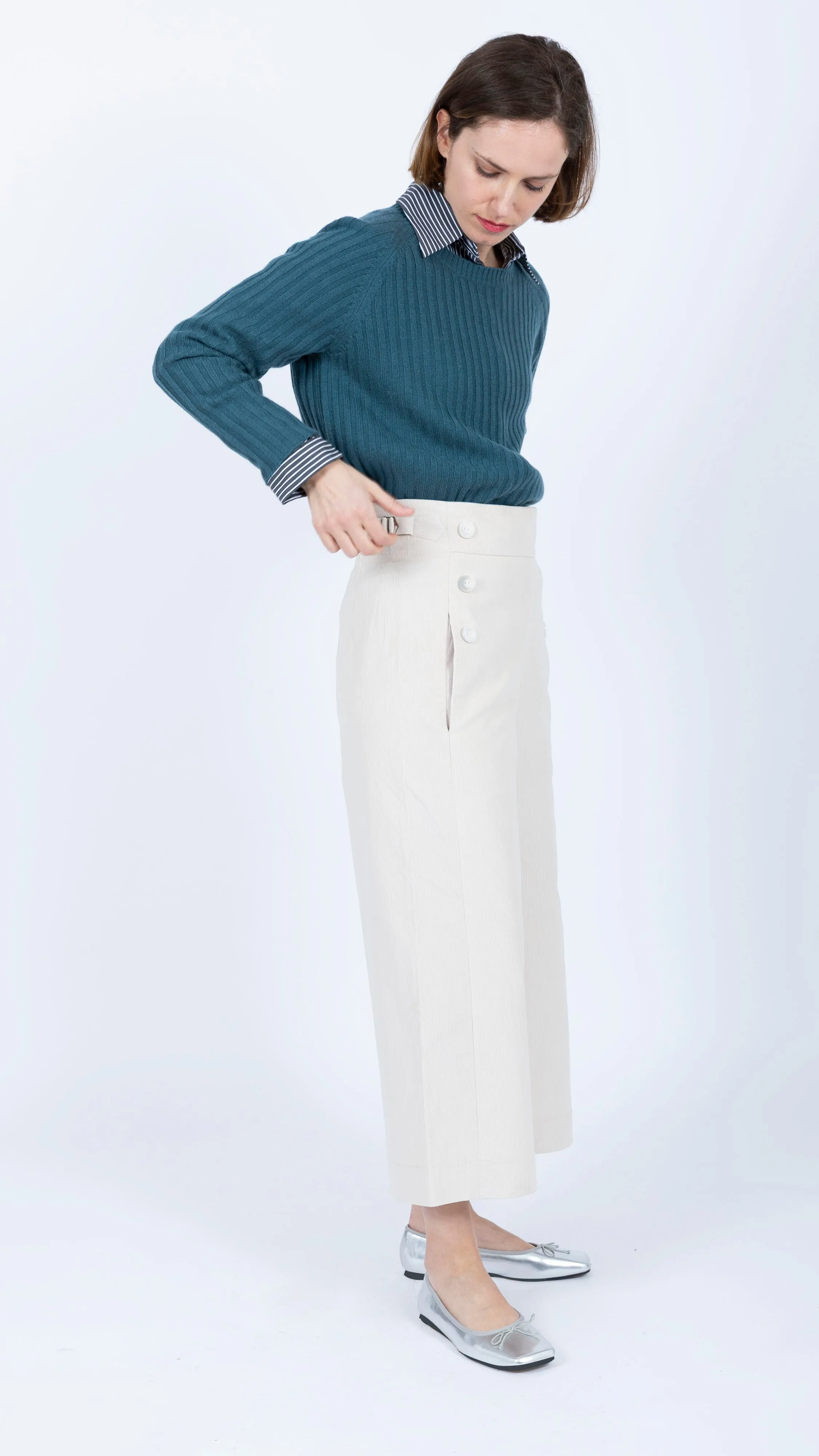Claudia Corduroy Cropped Adjuster Buckle Pant Ivory