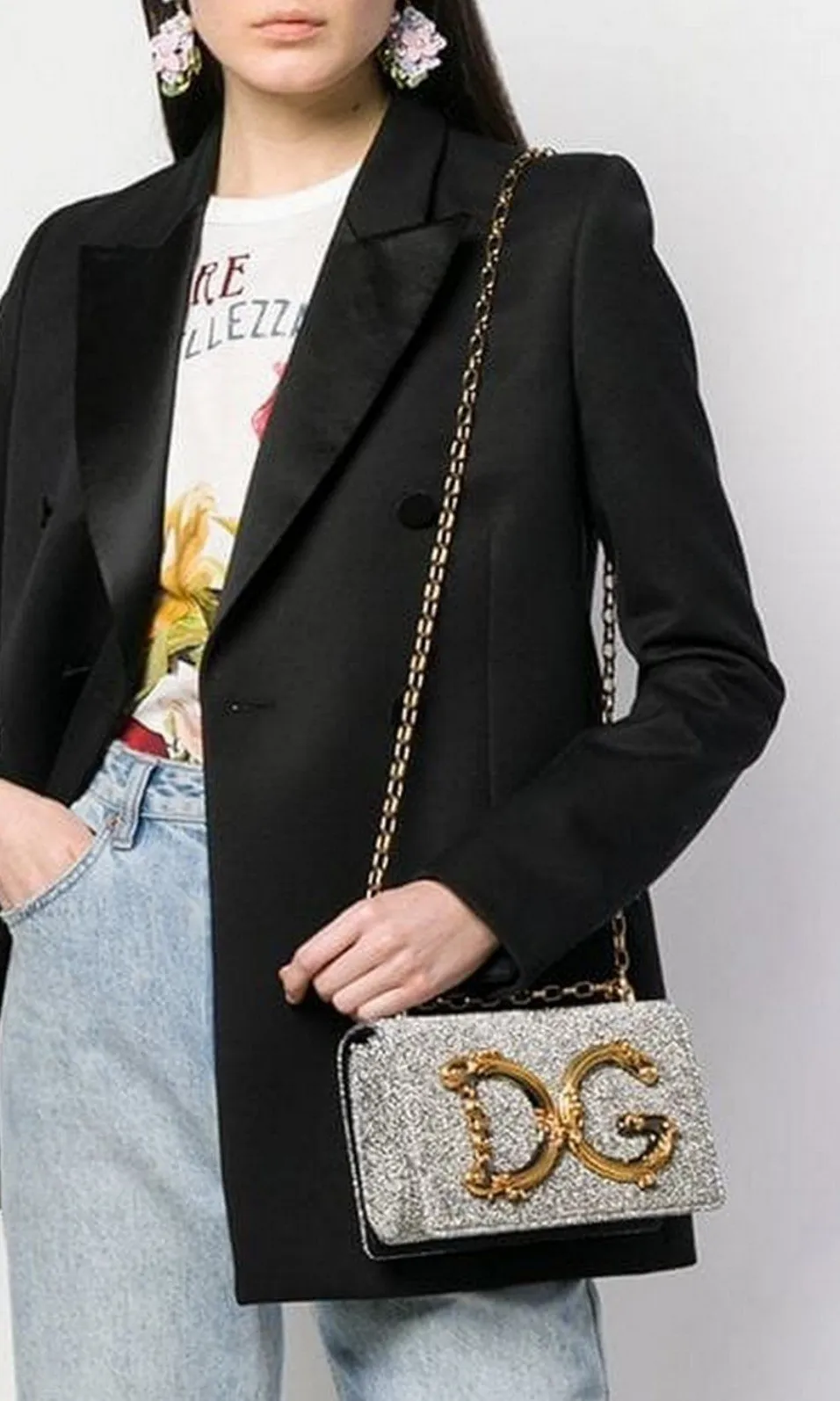 Crossbody Lurex Metallic Shoulder Bag with Chain Strap -Silver or Gold