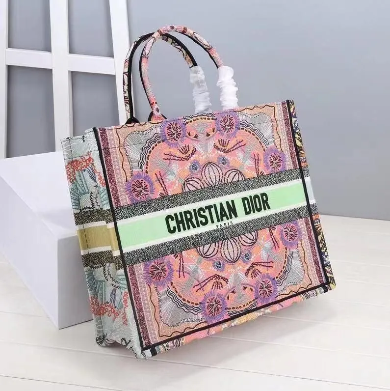 DI Large Book Tote Multicolor In Lights Embroidery, Pink Multicolor, For Women Women’s Handbags, Shoulder Bags, 42cm CD