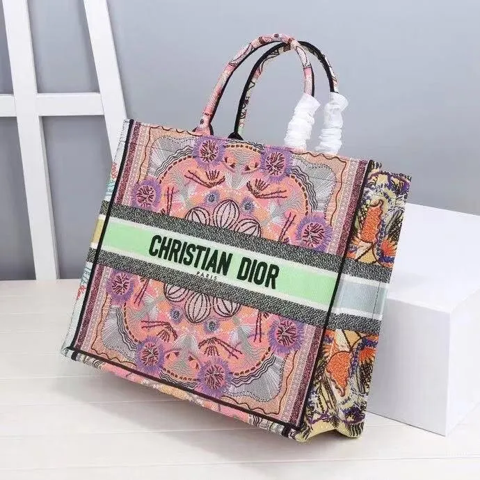 DI Large Book Tote Multicolor In Lights Embroidery, Pink Multicolor, For Women Women’s Handbags, Shoulder Bags, 42cm CD