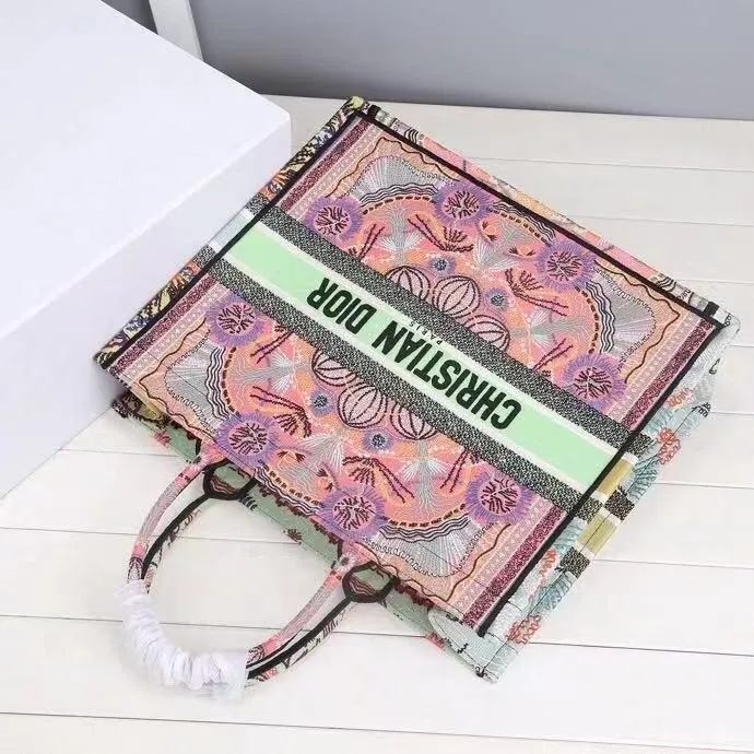 DI Large Book Tote Multicolor In Lights Embroidery, Pink Multicolor, For Women Women’s Handbags, Shoulder Bags, 42cm CD