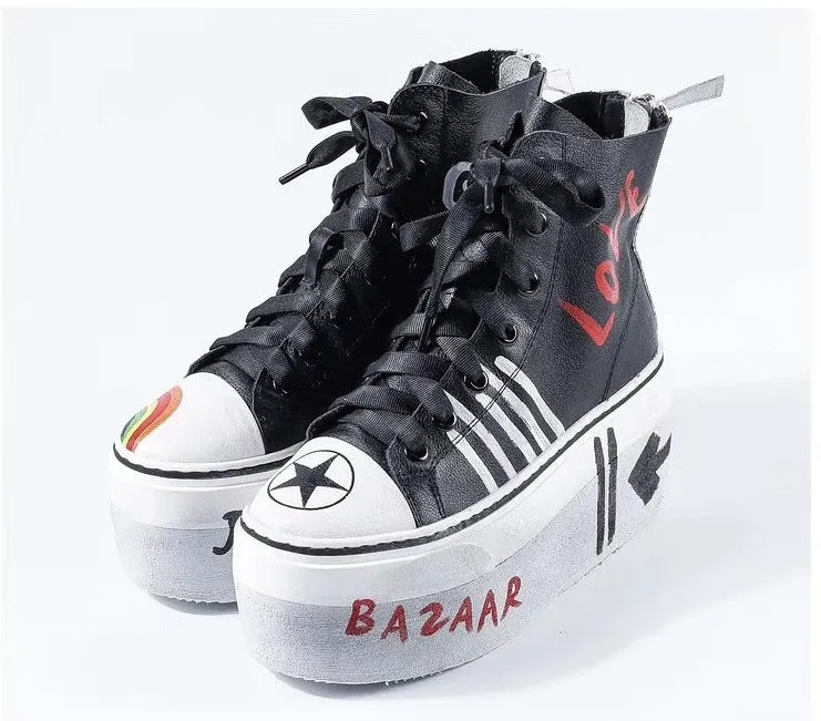 DONNA JENNIFER BAZAAR VOGUE GRAFFITI STYLE CHUNKY PLATFORM LEATHER WOMEN SHOES