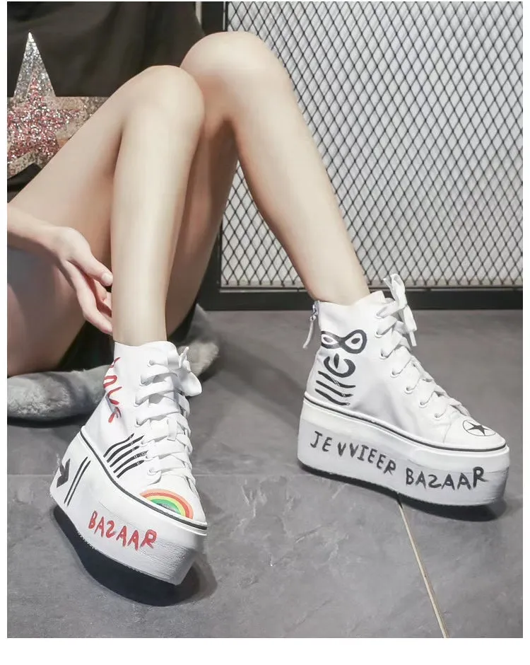 DONNA JENNIFER BAZAAR VOGUE GRAFFITI STYLE CHUNKY PLATFORM LEATHER WOMEN SHOES