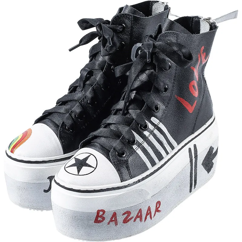 DONNA JENNIFER BAZAAR VOGUE GRAFFITI STYLE CHUNKY PLATFORM LEATHER WOMEN SHOES