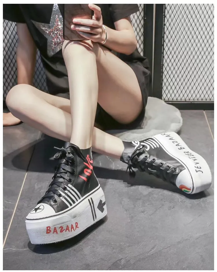 DONNA JENNIFER BAZAAR VOGUE GRAFFITI STYLE CHUNKY PLATFORM LEATHER WOMEN SHOES