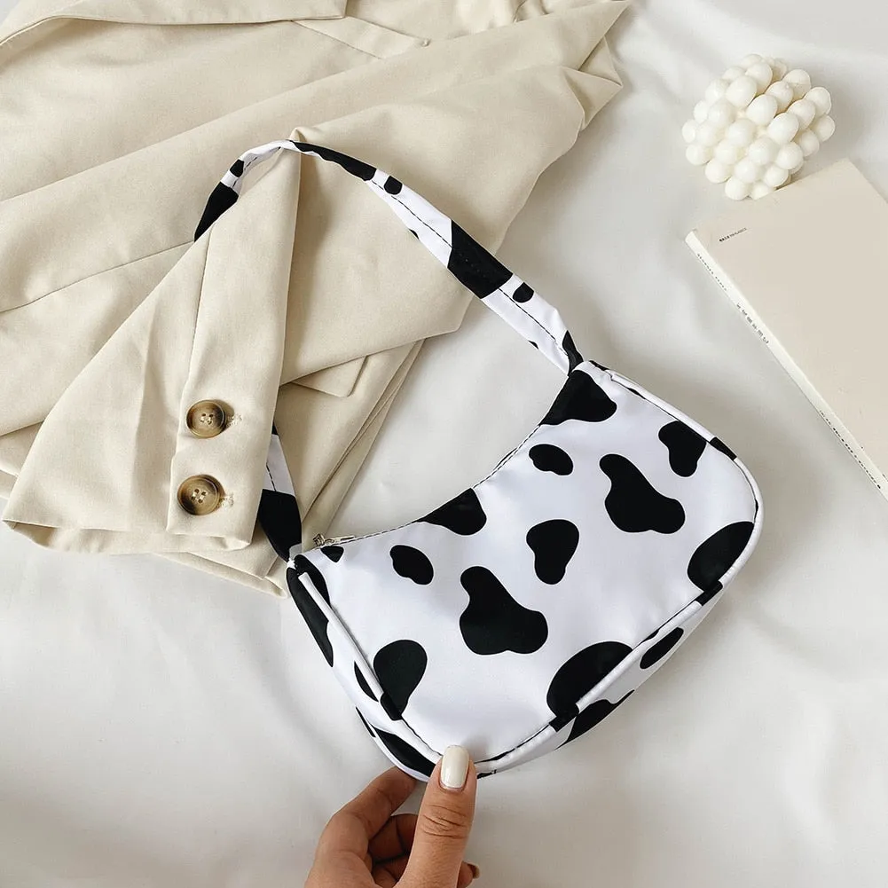 Fashion Cow Milk Print Underarm Shoulder Bags Nylon Women Handbag Totes Female Casual Popular Simple Female Daily Top-handle Bag