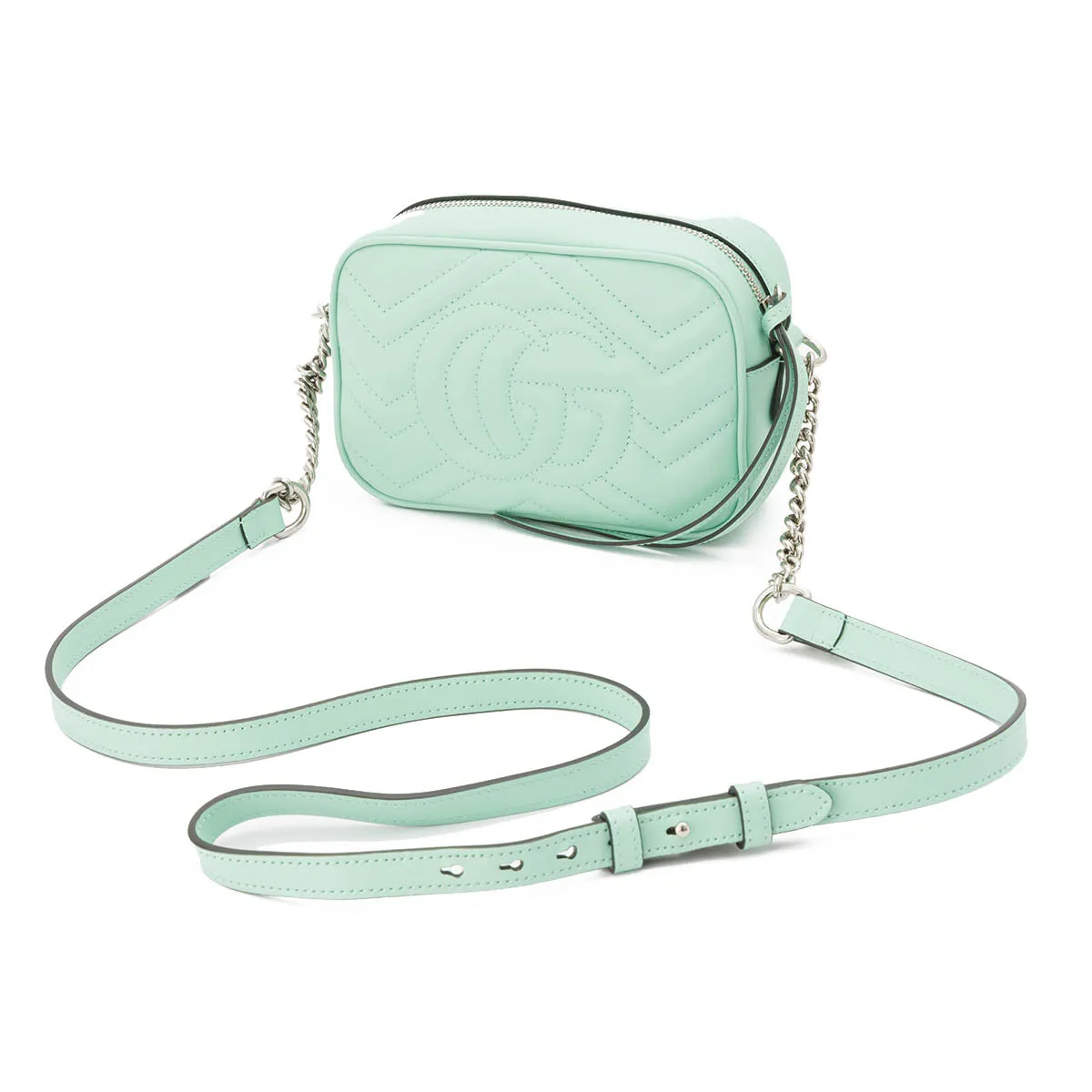 GG Marmont Camera Mini Green Crossbody Bag in Calfskin, Silver hardware