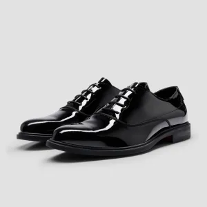 Hugo Boss Oxford Dress Shoes with Stacked Logo in Patent Black Leather
