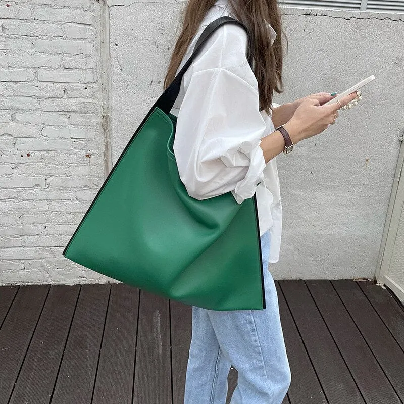 Korean style Women Shoulder bags Large capacity Wide Strap female handbag Casual panelled big totes PU leather ladies Hand Bag