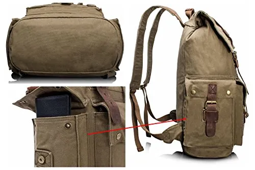 Leaper Vintage Canvas Leather Travel Rucksack Military Backpack Hiking Daypack Army Green