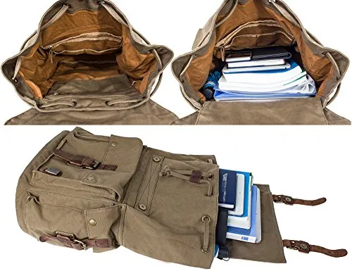 Leaper Vintage Canvas Leather Travel Rucksack Military Backpack Hiking Daypack Army Green