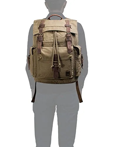 Leaper Vintage Canvas Leather Travel Rucksack Military Backpack Hiking Daypack Army Green