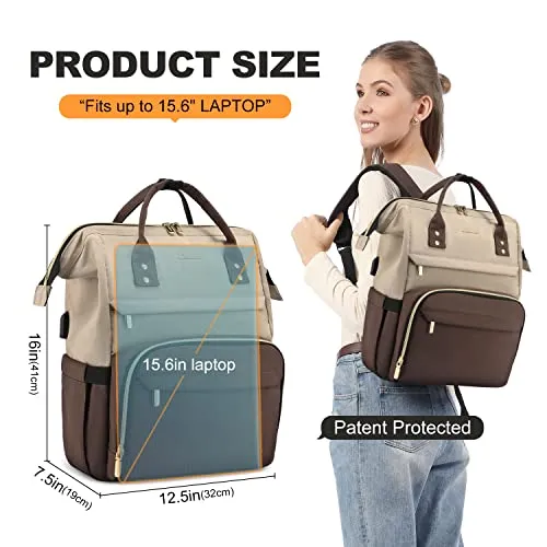 LOVEVOOK Laptop Backpack for Women Fashion Business Computer Backpacks Travel Bags Purse Doctor Nurse Work Backpack with USB Port, Fits 15.6-Inch Laptop Light Apricot-Coffee