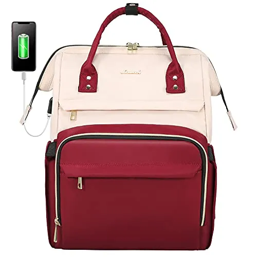 LOVEVOOK Laptop Backpack for Women Fashion Business Computer Backpacks Travel Bags Purse Doctor Nurse Work Backpack with USB Port, Fits 15.6-Inch Laptop White-Wine Red