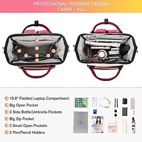 LOVEVOOK Laptop Backpack for Women Fashion Business Computer Backpacks Travel Bags Purse Doctor Nurse Work Backpack with USB Port, Fits 15.6-Inch Laptop White-Wine Red