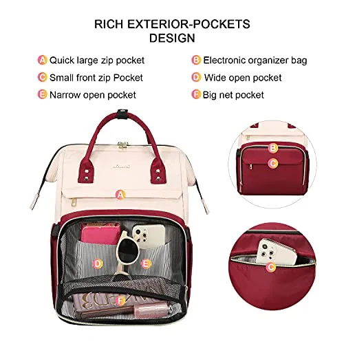 LOVEVOOK Laptop Backpack for Women Fashion Business Computer Backpacks Travel Bags Purse Doctor Nurse Work Backpack with USB Port, Fits 15.6-Inch Laptop White-Wine Red