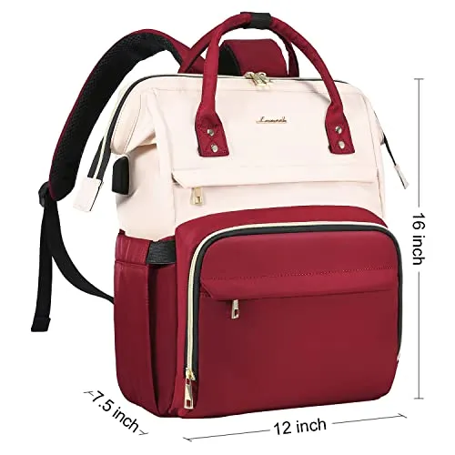 LOVEVOOK Laptop Backpack for Women Fashion Business Computer Backpacks Travel Bags Purse Doctor Nurse Work Backpack with USB Port, Fits 15.6-Inch Laptop White-Wine Red