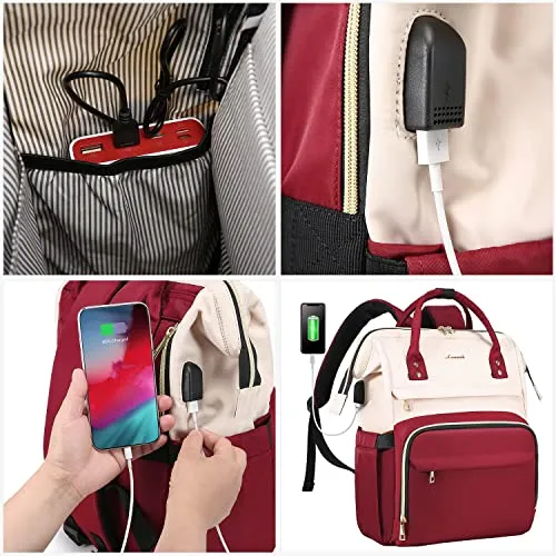 LOVEVOOK Laptop Backpack for Women Fashion Business Computer Backpacks Travel Bags Purse Doctor Nurse Work Backpack with USB Port, Fits 15.6-Inch Laptop White-Wine Red