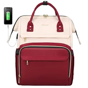 LOVEVOOK Laptop Backpack for Women Fashion Business Computer Backpacks Travel Bags Purse Doctor Nurse Work Backpack with USB Port, Fits 15.6-Inch Laptop White-Wine Red
