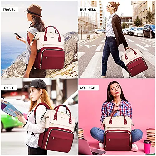 LOVEVOOK Laptop Backpack for Women Fashion Business Computer Backpacks Travel Bags Purse Doctor Nurse Work Backpack with USB Port, Fits 15.6-Inch Laptop White-Wine Red