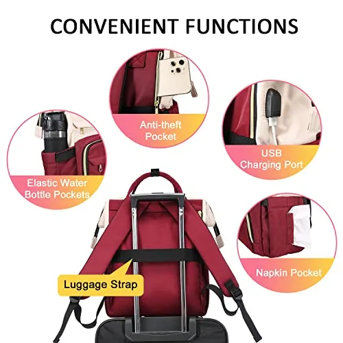 LOVEVOOK Laptop Backpack for Women Fashion Business Computer Backpacks Travel Bags Purse Doctor Nurse Work Backpack with USB Port, Fits 15.6-Inch Laptop White-Wine Red