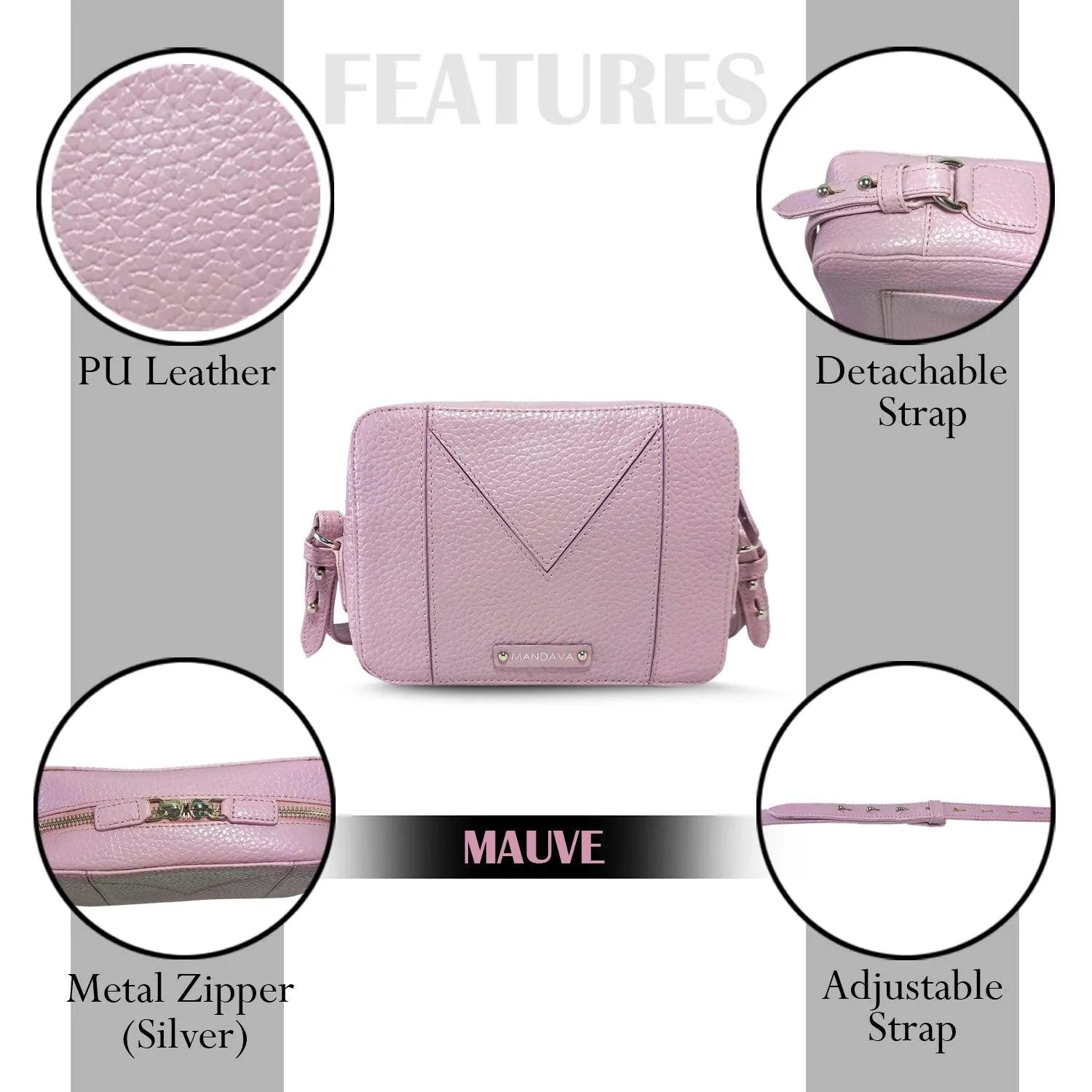 MANDAVA Women's PU Leather Crossbody Bag | Ladies Mini Shoulder Bag with Adjustable & Detachable Strap (Mauve)