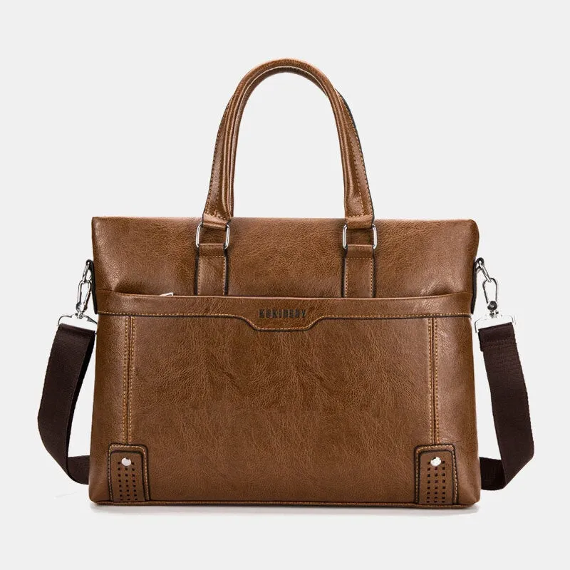 Men Large Capacity Horizontal Soft Leather 14 Inch Laptop Bag Briefcase Handbag Back Anti-theft Pocket Crossbody