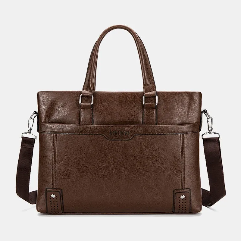 Men Large Capacity Horizontal Soft Leather 14 Inch Laptop Bag Briefcase Handbag Back Anti-theft Pocket Crossbody