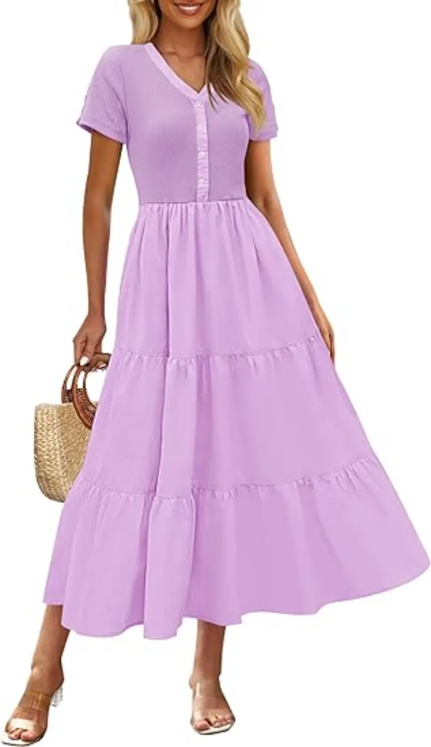 MEROKEETY Women's Summer V Neck Button Swing Midi Dress