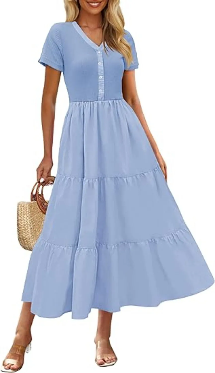 MEROKEETY Women's Summer V Neck Button Swing Midi Dress