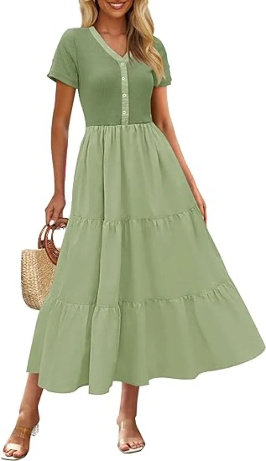 MEROKEETY Women's Summer V Neck Button Swing Midi Dress