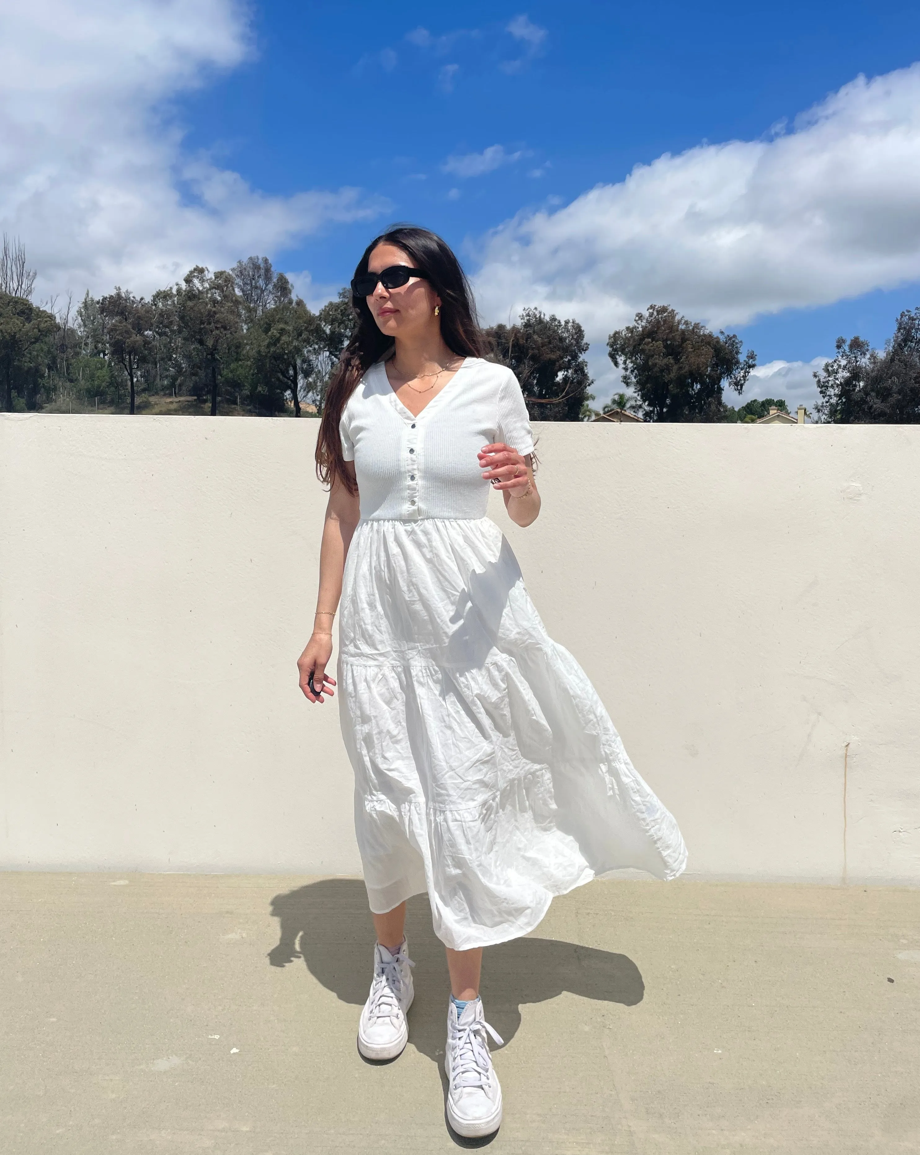 MEROKEETY Women's Summer V Neck Button Swing Midi Dress