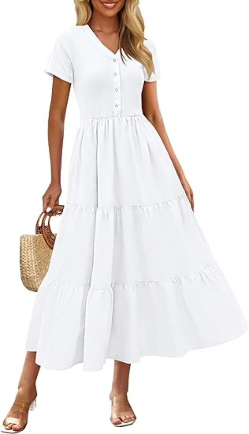 MEROKEETY Women's Summer V Neck Button Swing Midi Dress