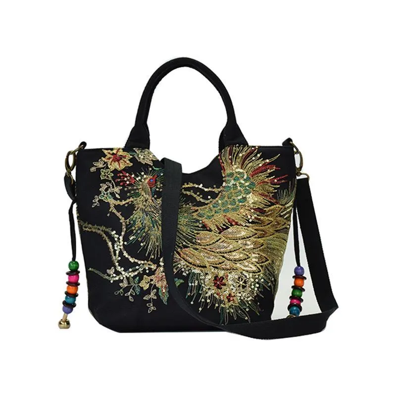 New Women's Handbag Ethnic Style Canvas Casual Shoulder Bag Fashion Peacock Embroidery Satchel Tote Bag Ladies Crossbody Bag